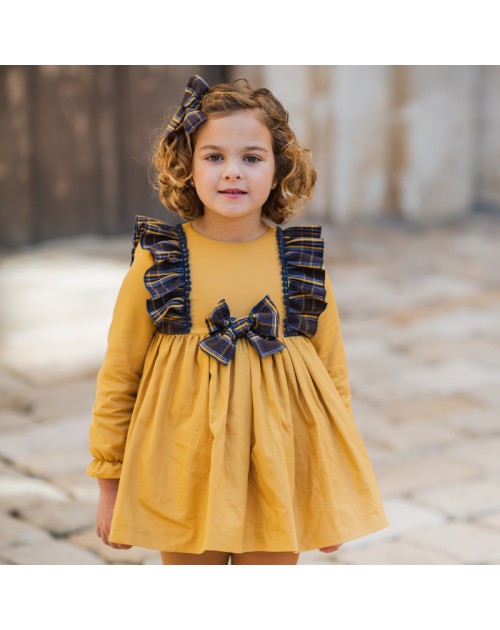 Vestido Talle Alto Mostaza y Cuadros Marrones