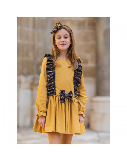 Vestido Talle Bajo Mostaza y Cuadros Marrones